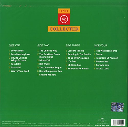 Level 42 'Collected' album hátlapja, számlistával. Zöld háttér.
