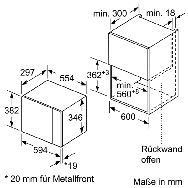Diagramm einer Einbau-Mikrowelle, mit Maßen in mm.