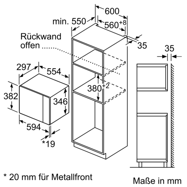 Eine technische Zeichnung eines Einbauofens und einer Mikrowelle mit Maßen in mm.