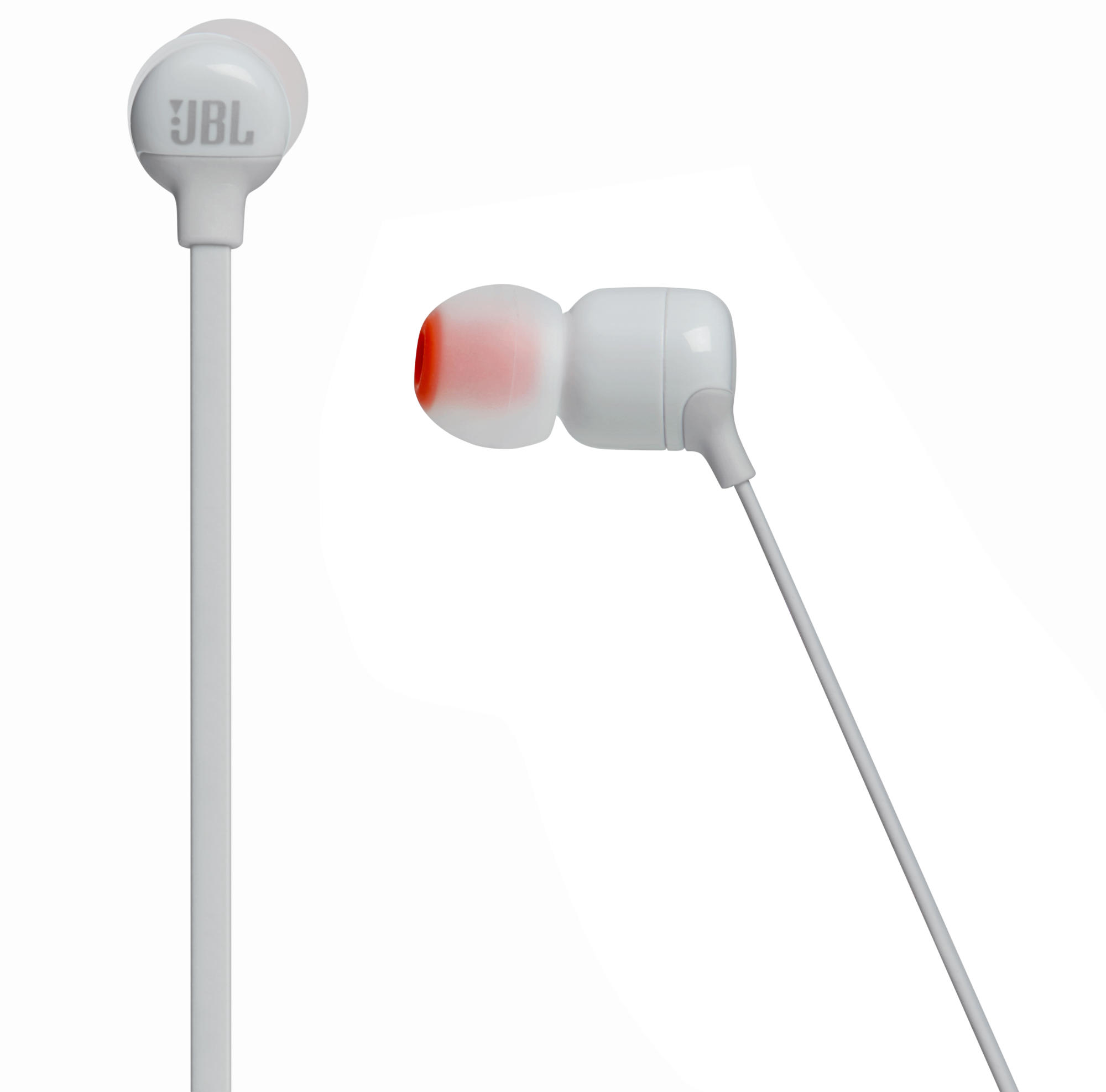 Auriculares internos JBL blancos. Un auricular es rojo. Cable blanco.