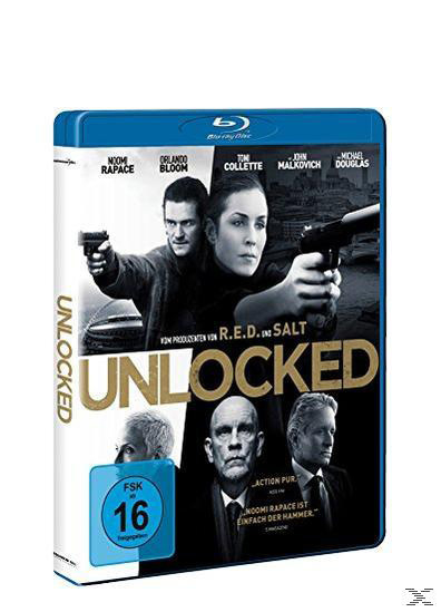 Blu-ray-Cover für den Film 'Unlocked' mit Schauspielern mit Waffen und dem Filmtitel.