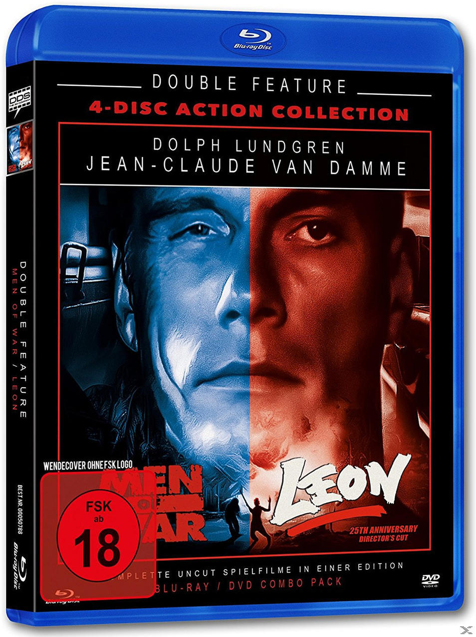 Eine Blu-ray-Hülle zeigt ein geteiltes Bild von zwei Männern. Der Titel lautet Men of War / Leon.