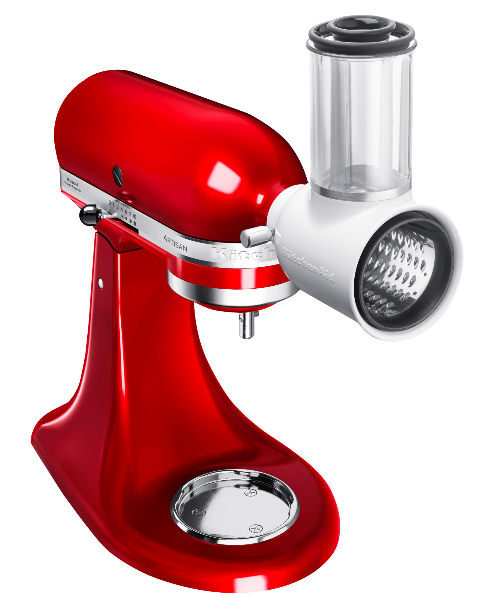 Piros KitchenAid robotgép reszelő tartozékkal.
