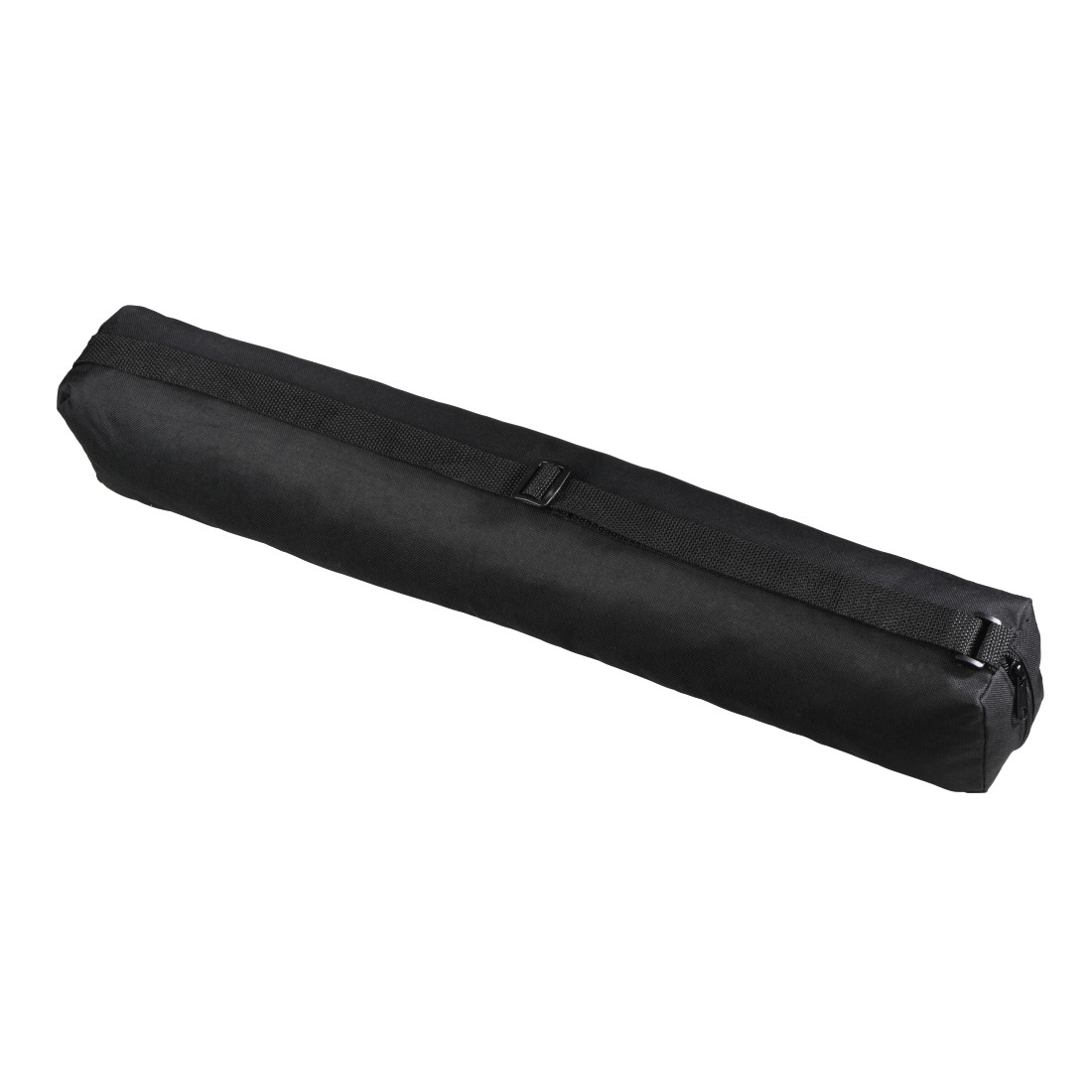 Black tripod bag with a strap and zipper, laying on a white surface.
