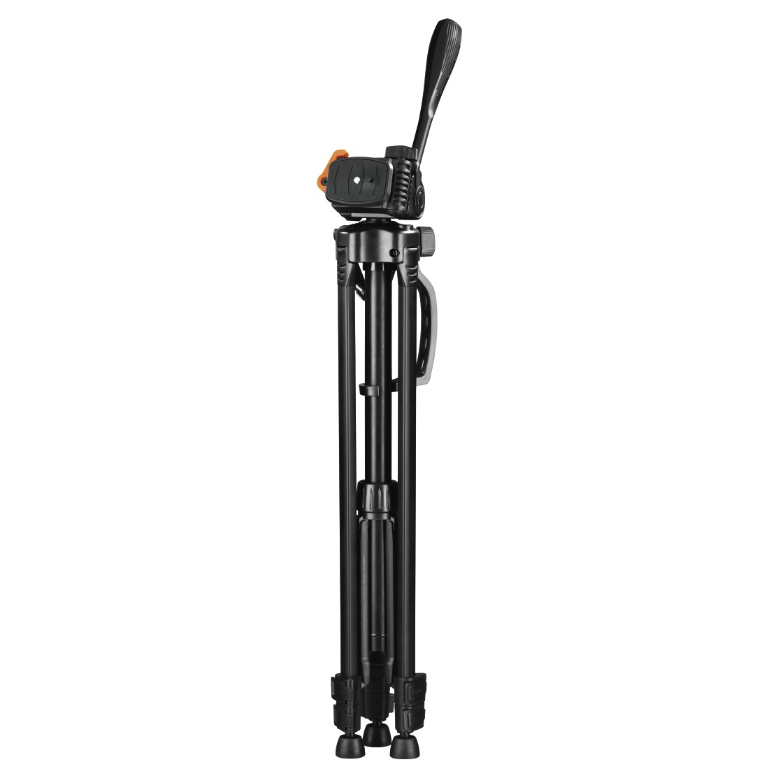 A black tripod, folded and standing. It has three legs and a head for a camera. White background.