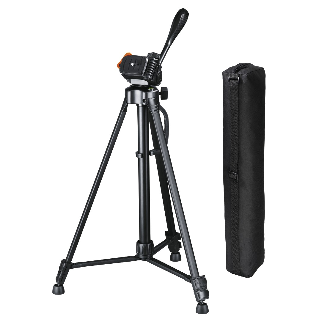 Black tripod with a carrying bag. The tripod is on a white background and is angled.