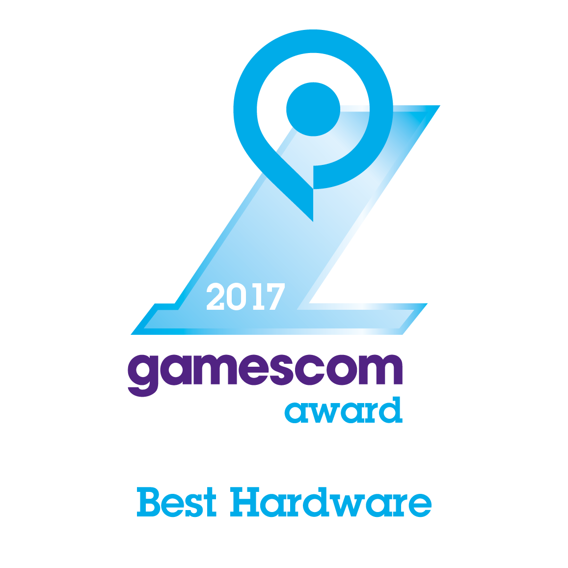 Blaues Logo mit einer Form und Text: 2017 gamescom award Best Hardware.