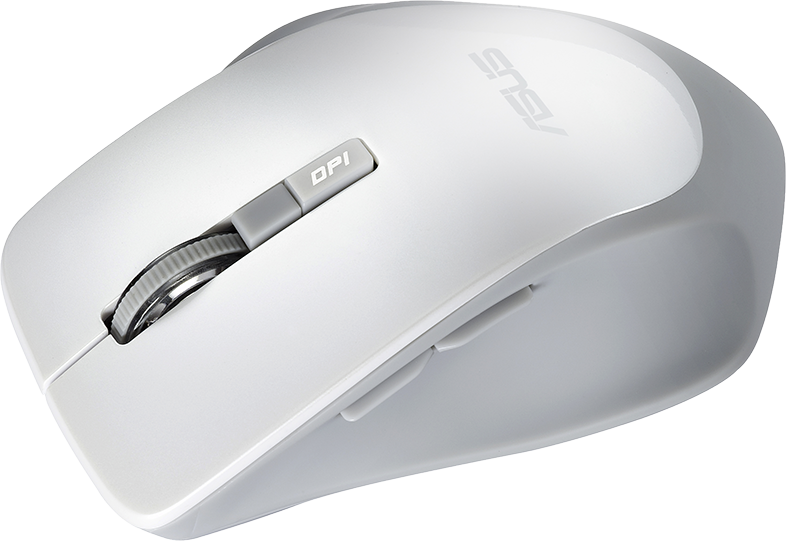 Fehér ASUS számítógépes egér. Van görgője és DPI gombja. Elegáns, ergonomikus kialakítás.