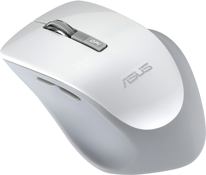 Fehér és szürke ASUS számítógépes egér, felülnézet.