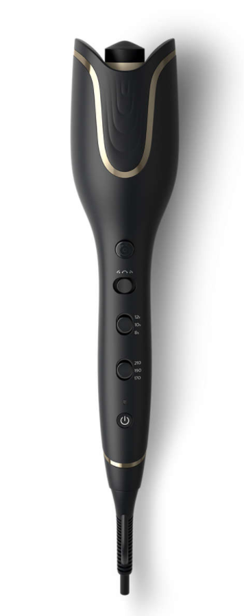 A black and gold curling iron on a white background.