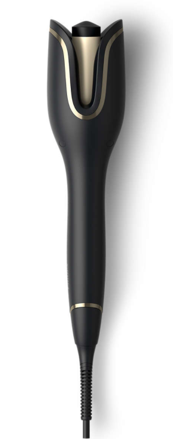 Black and gold hair curler, top view, isolated on white background.