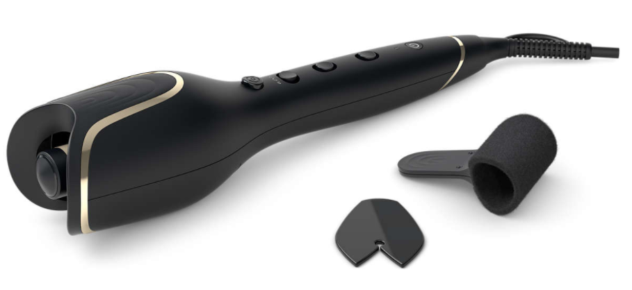 Black hair curler with accessories on a white surface, gold accents.