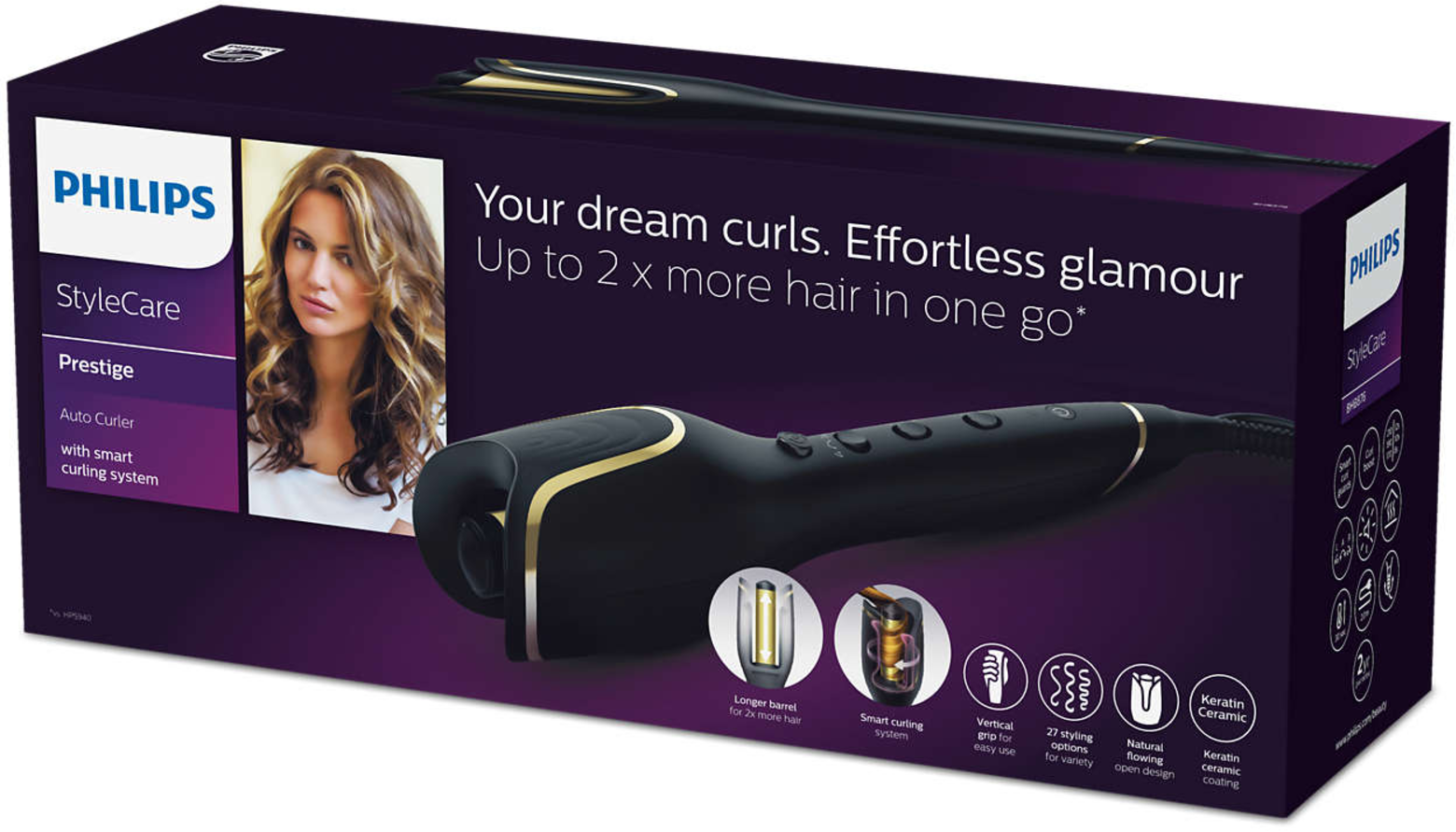 Philips hair curler box with a woman's image, product details, and features.