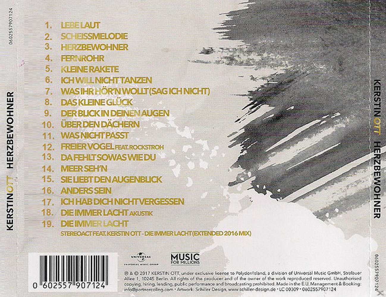 Die Rückseite einer CD mit Songtiteln und Credits. Enthält ein Bild und Text.