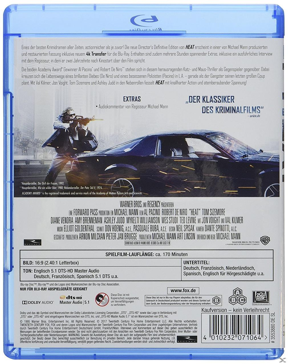 Die Rückseite einer Blu-ray-Hülle für den Film Heat. Es zeigt eine Verfolgungsjagdszene.