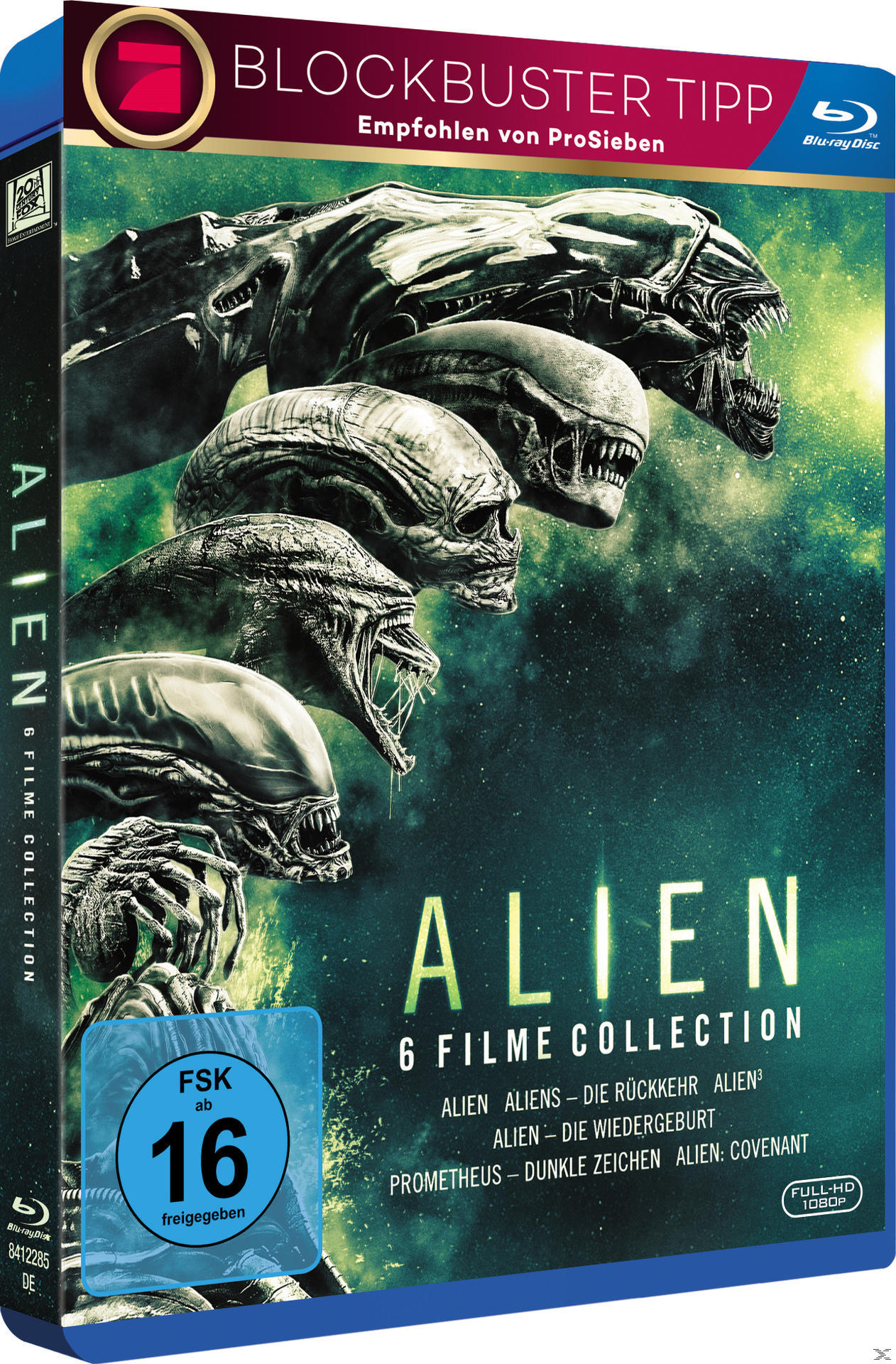 Alien 6 Film Collection Blu-ray-Box-Set. Zeigt mehrere Alien-Gesichter.