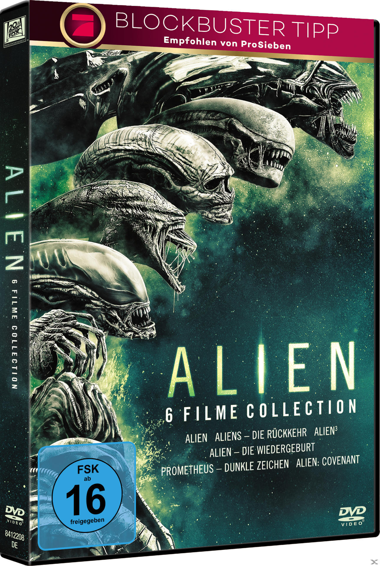 DVD-Cover für 'Alien' 6 Filme Collection. Zeigt Alien-Gesichter und Titel.
