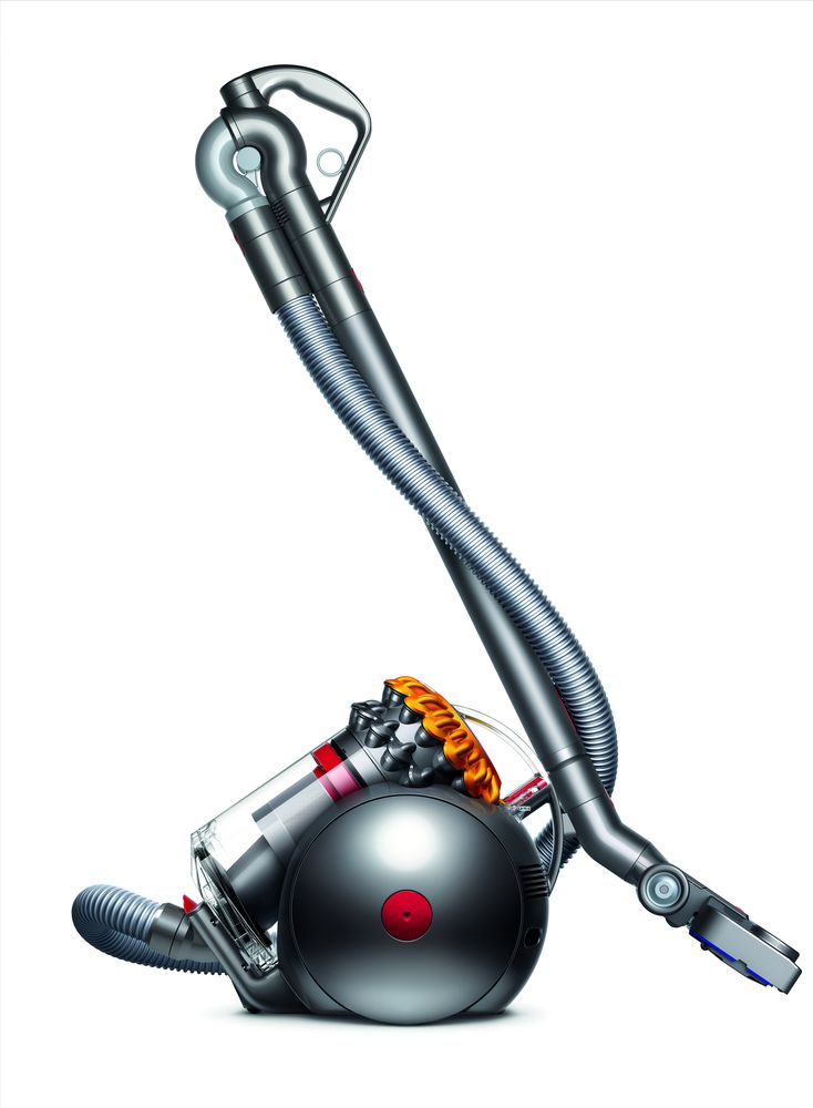 Aspirateur Dyson argenté sur fond noir, montrant le corps principal, le tuyau et la tête.