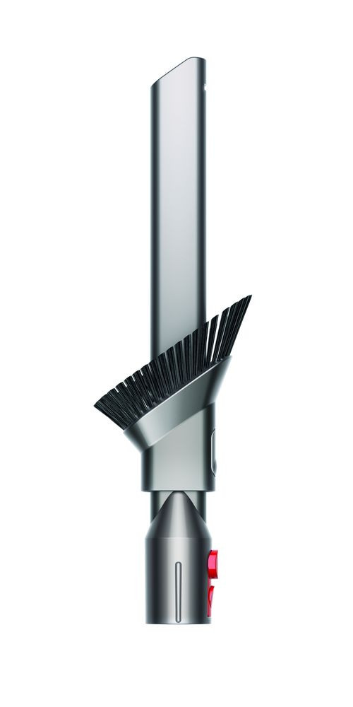Accessoire d'aspirateur Dyson argenté avec brosse noire et bouton rouge.