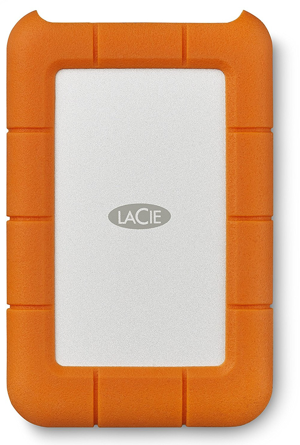 Un disque dur externe LaCie orange, rectangulaire avec un centre blanc, sur fond blanc.