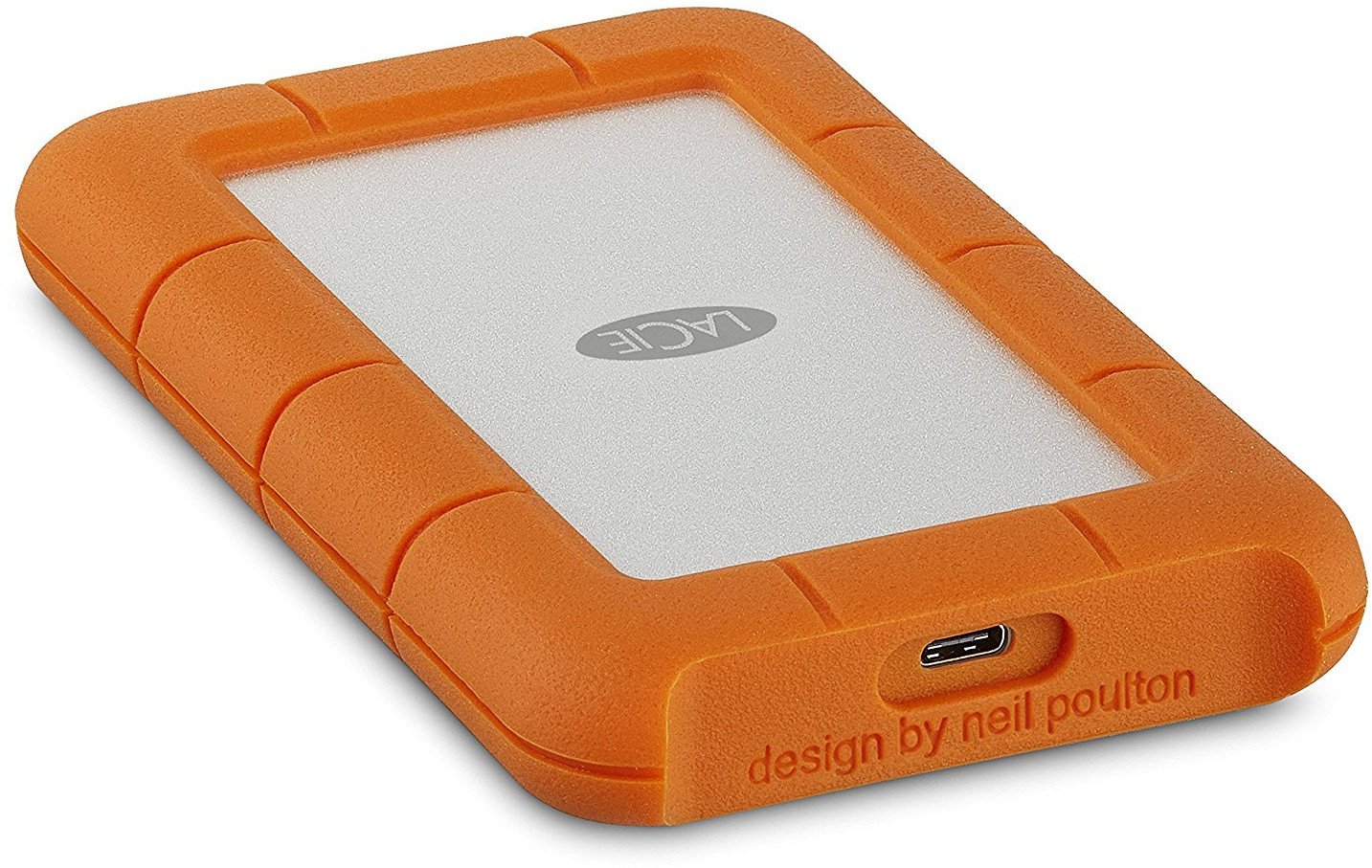 Disque dur externe orange et blanc. Il a un centre blanc et un cadre orange. La marque est Lacie.