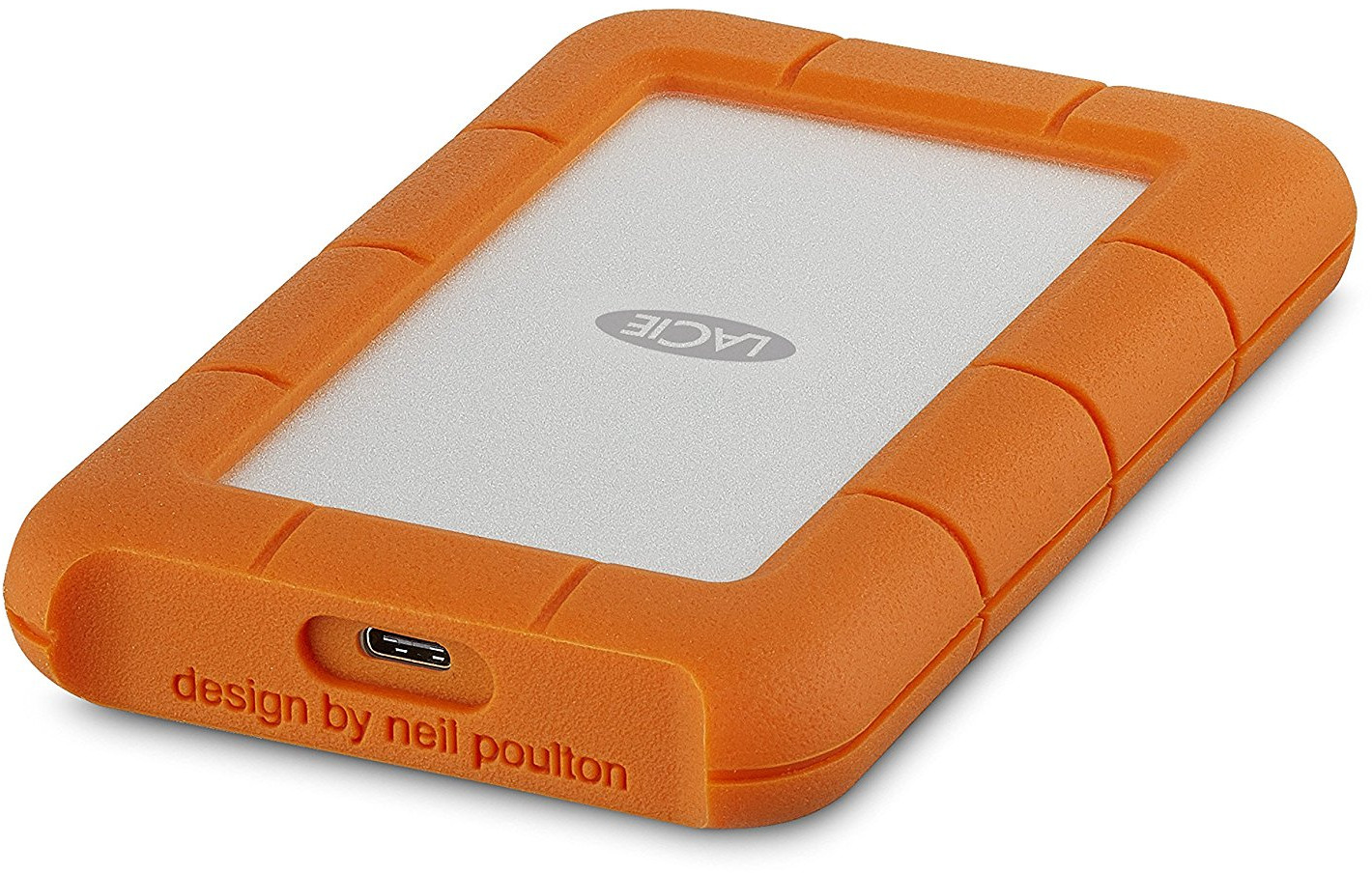 Disque dur externe Lacie orange avec centre argenté et texte "design by neil poulton".