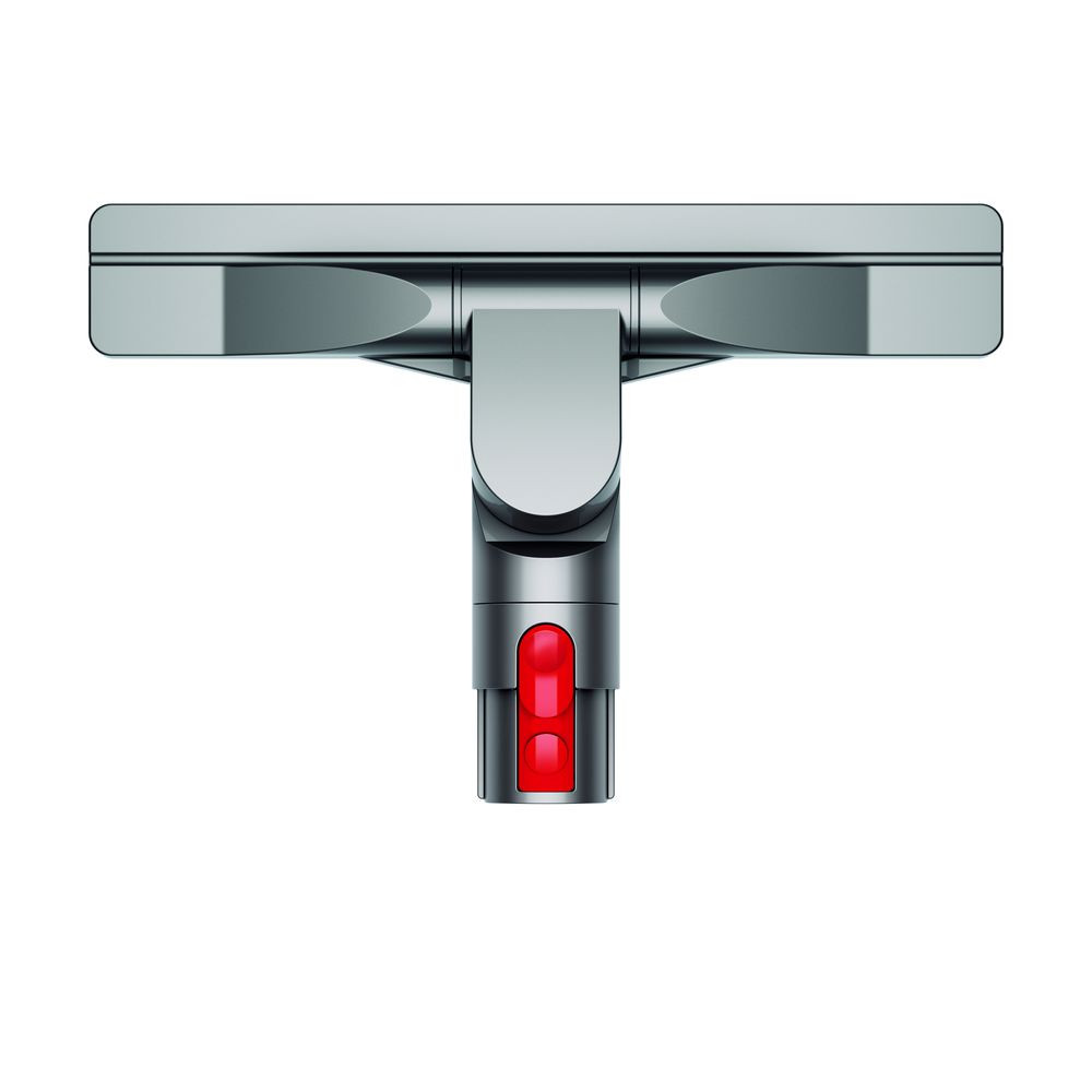 A silver vacuum cleaner head with a red button. The head is T-shaped.