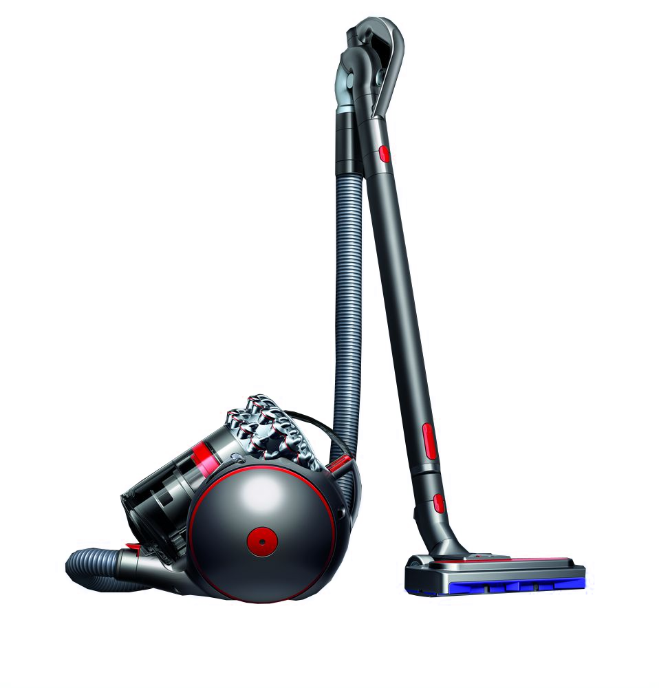 Dyson stofzuiger. Zwart en grijs met een rode bal. Slang en borstel. Zwarte achtergrond.