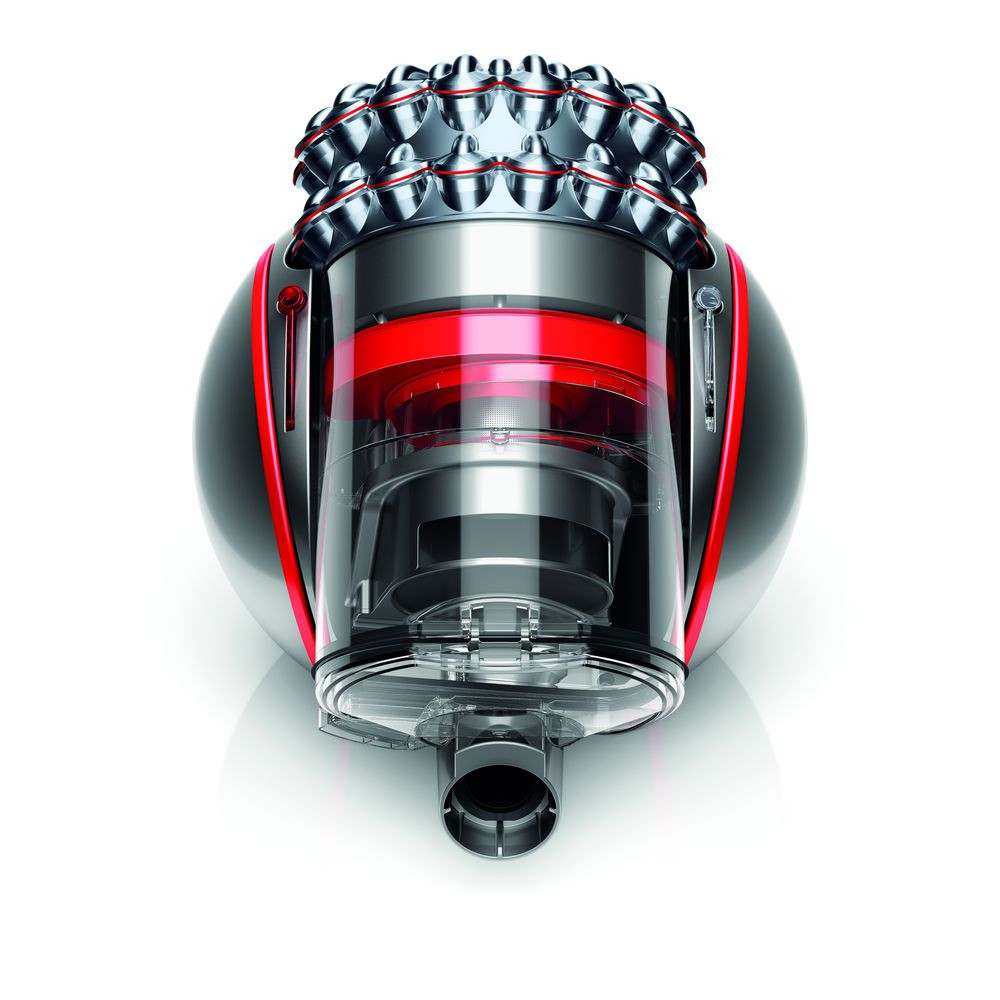 Dyson vacuum cleaner, cutaway view. Silver and red with a clear container showing internal parts.