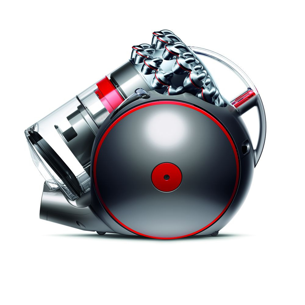Dyson vacuum cleaner, gray and red, angled view, on white background.
