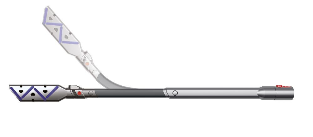 Medical instrument. Grey, white, and silver. One part bent upwards, with purple and white pattern.