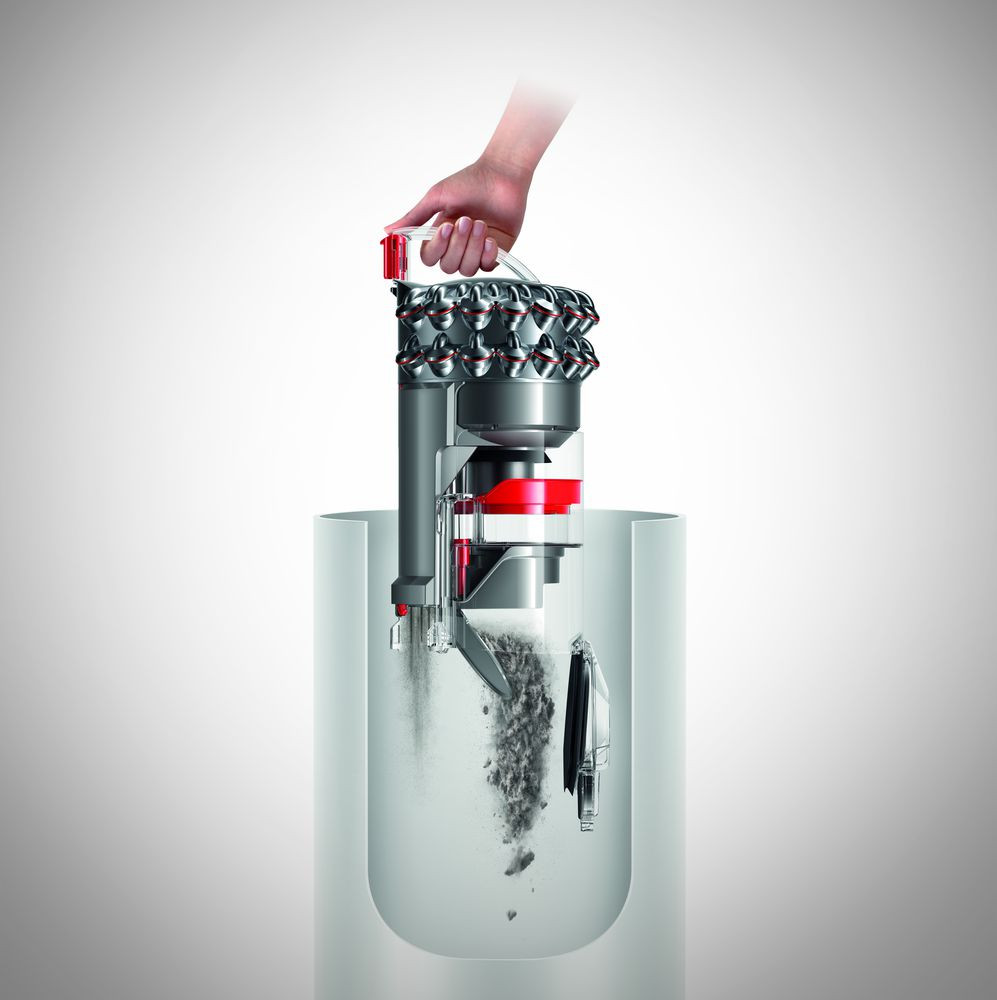 Cutaway view of a Dyson vacuum cleaner, showing internal components and dust collection.