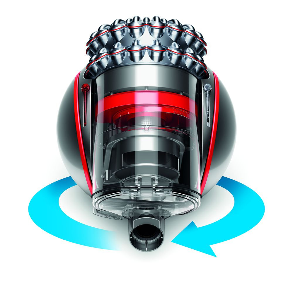 Dyson vacuum cleaner head with a rotating blue arrow. The head is silver and red.