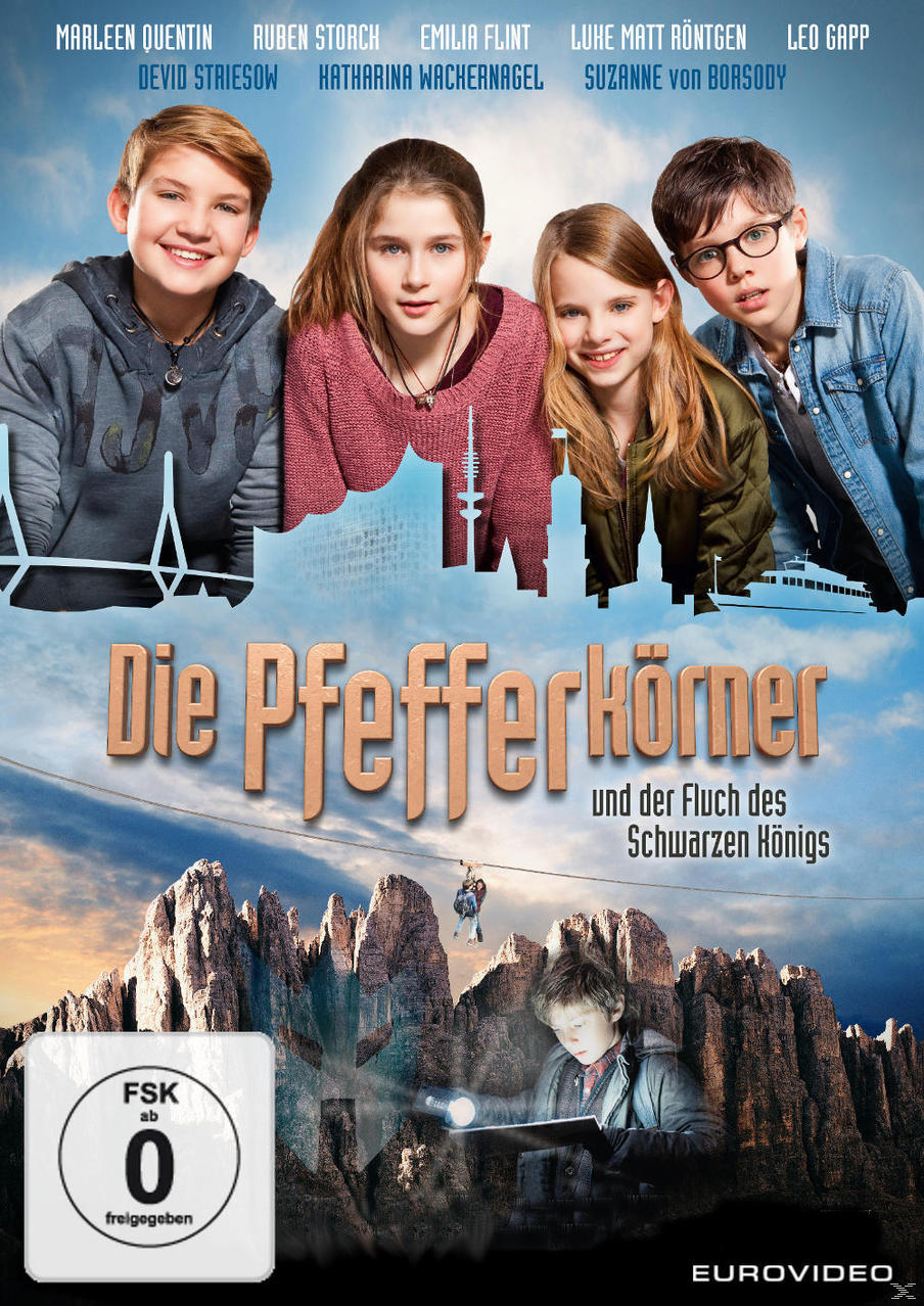 Filmcover. Vier Kinder lächeln. Gebirgskette im Hintergrund. Text: Die Pfefferkörner.