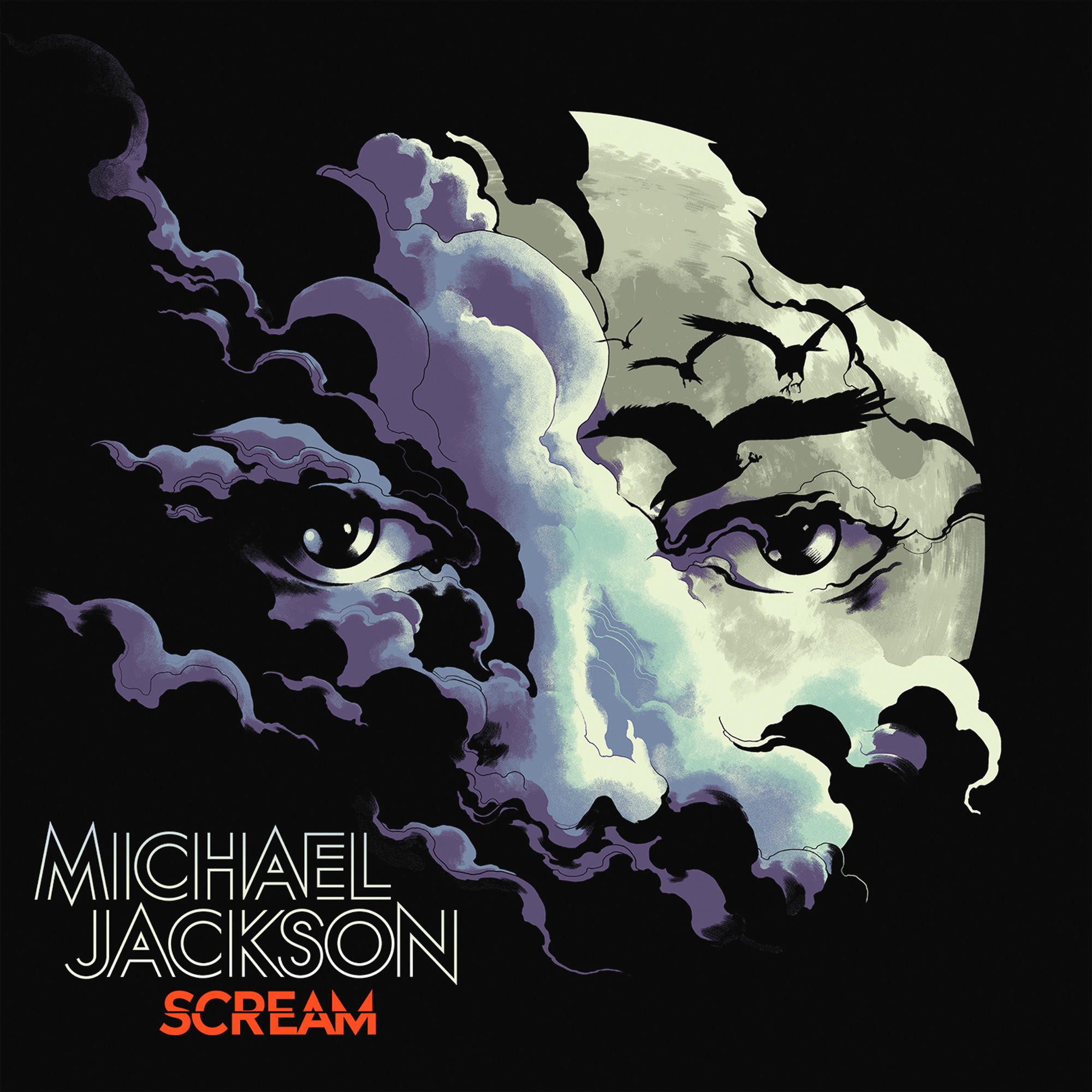 Pochette de l'album Scream de Michael Jackson. Visage dans les nuages, silhouettes de corbeaux, fond noir, titre Scream.