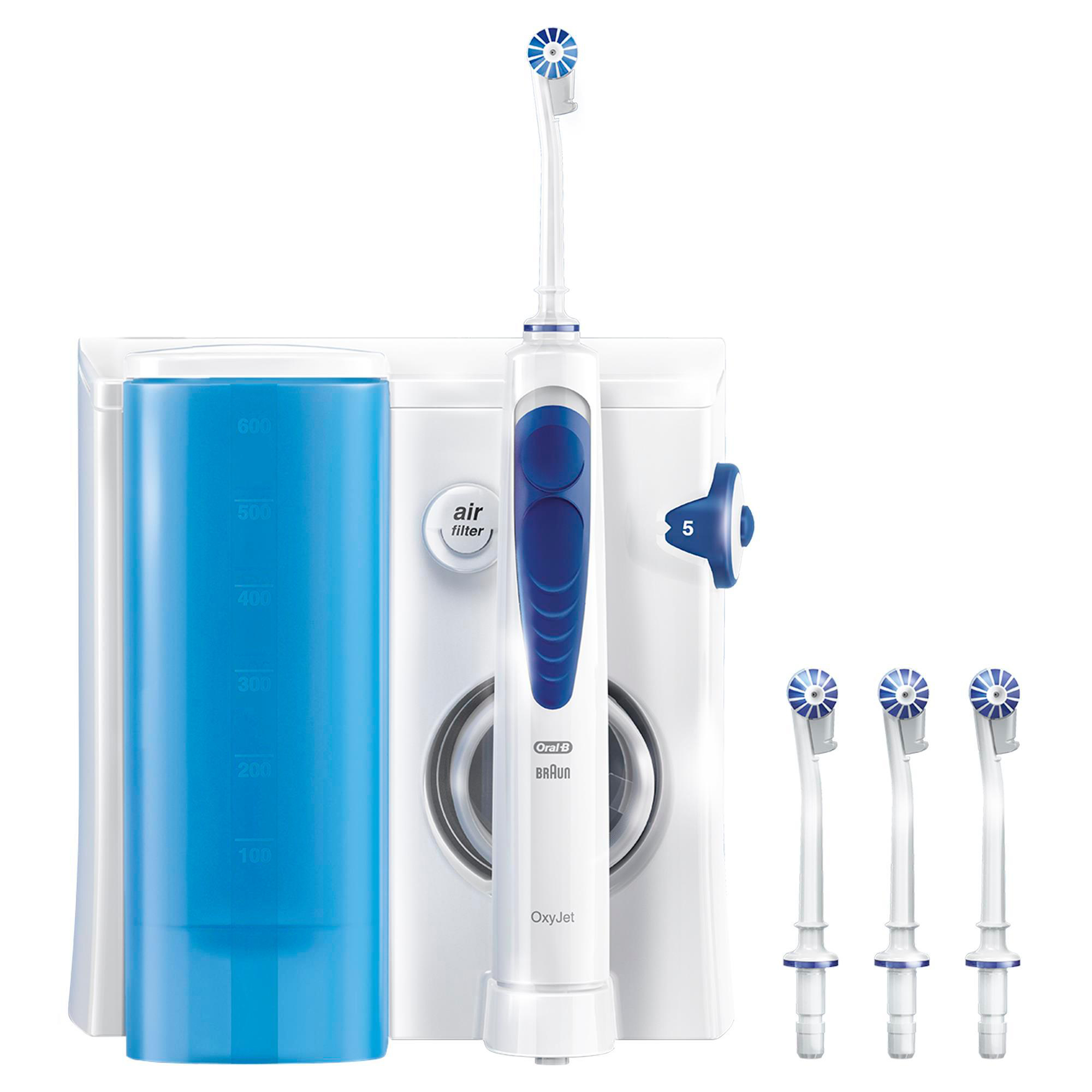 Weiß-blaue Oral-B Braun OxyJet mit drei Ersatzköpfen.