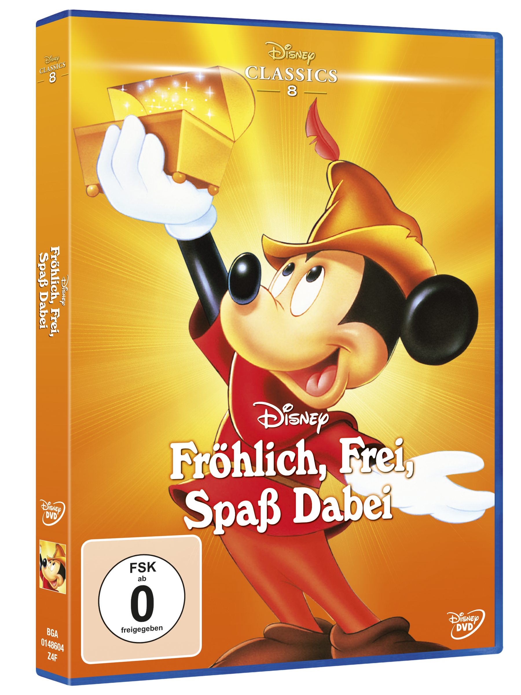 DVD-Hülle für Disney Classics 8. Micky Maus hält eine Schatzkiste. Goldener und oranger Hintergrund.