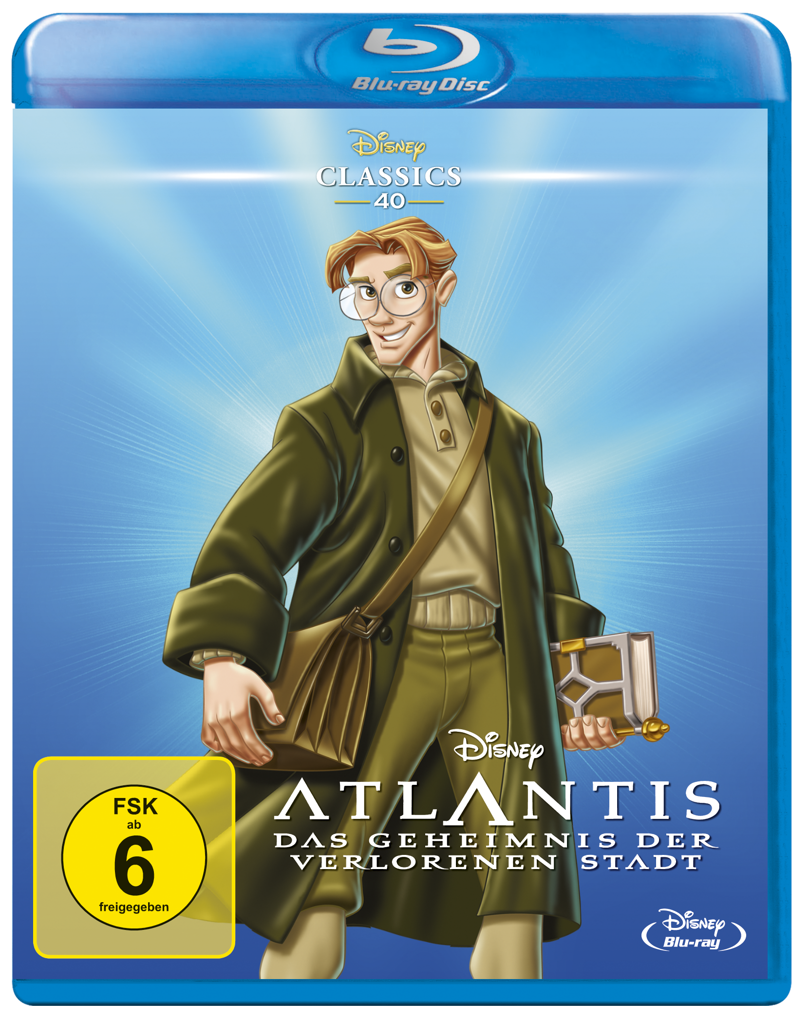Disney's Atlantis Blu-ray-Cover. Eine Zeichentrickfigur ist vorne. Es ist ein blaues Cover.