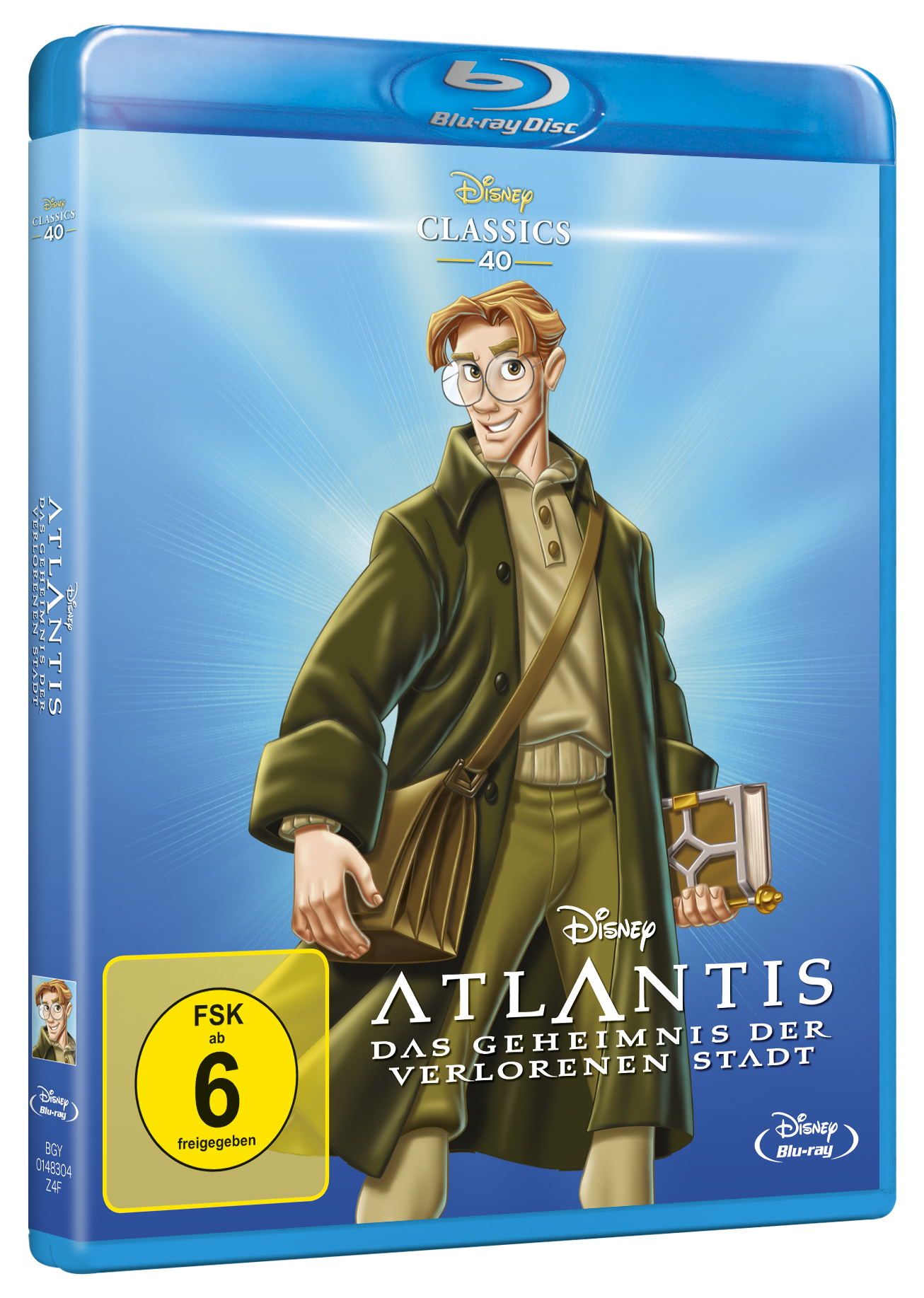 Atlantis Blu-ray-Cover. Zeichentrickfigur, Titeltext, blauer Hintergrund.