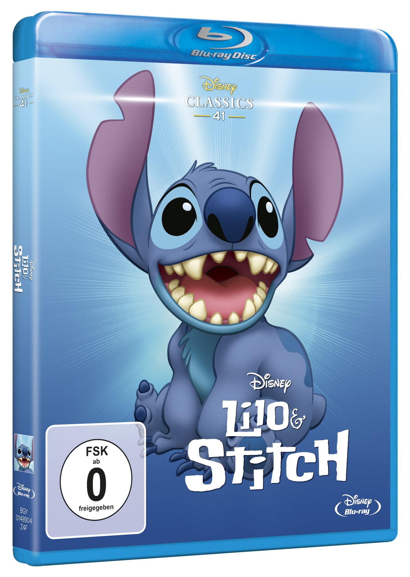 Blu-ray-Cover von Disneys Lilo & Stitch, Stitch lächelt.