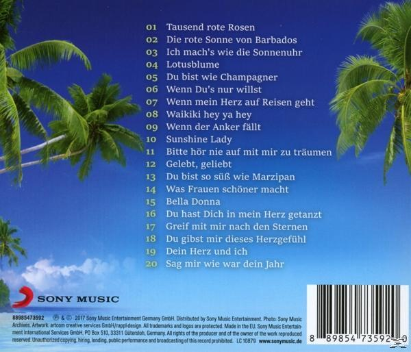 CD-Cover mit Titelliste und Palmen.
