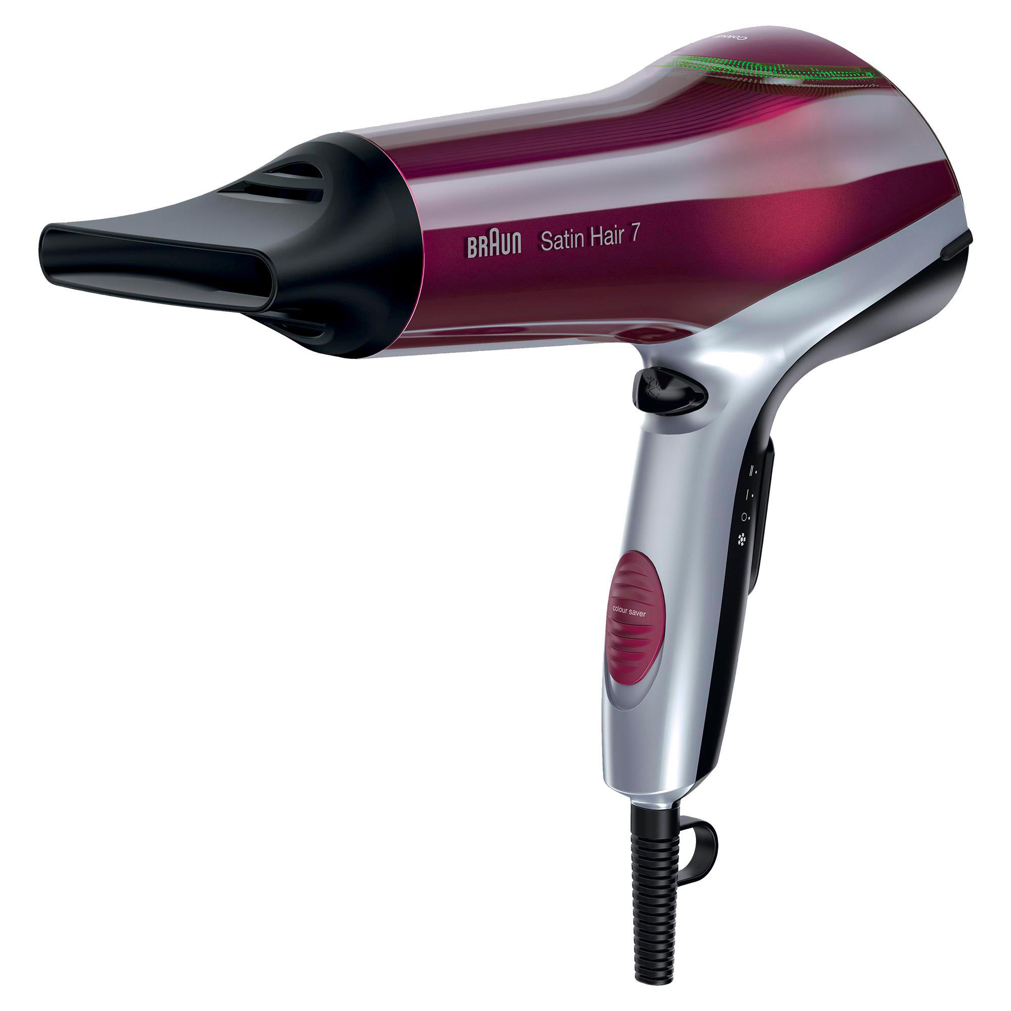 Ein roter und silberner Braun Satin Hair 7 Fön auf weißem Untergrund. Der Luftauslass ist schwarz.