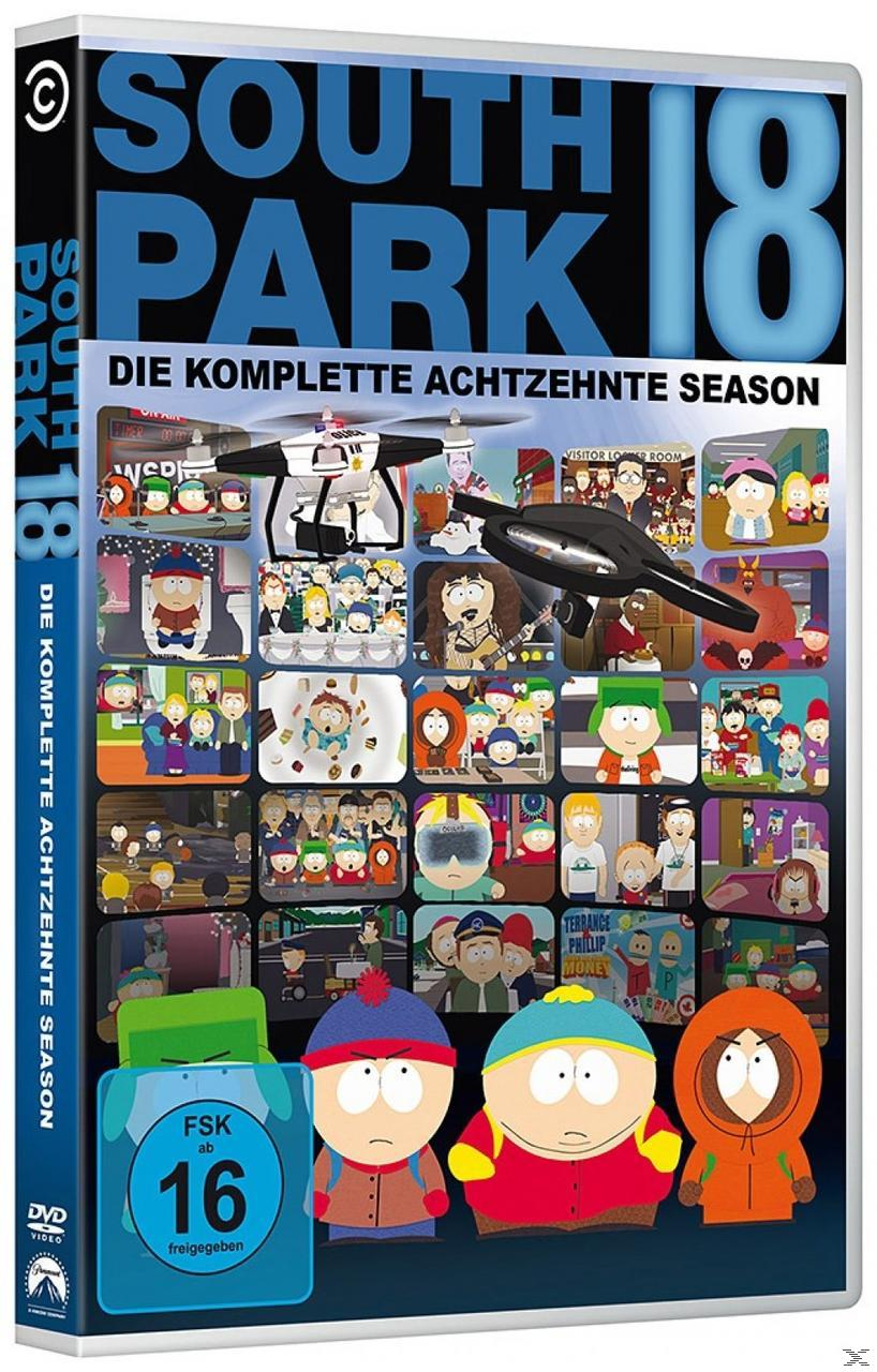DVD-Hülle für die Staffel 'South Park 18', mit Zeichentrickfiguren und dem Serientitel.