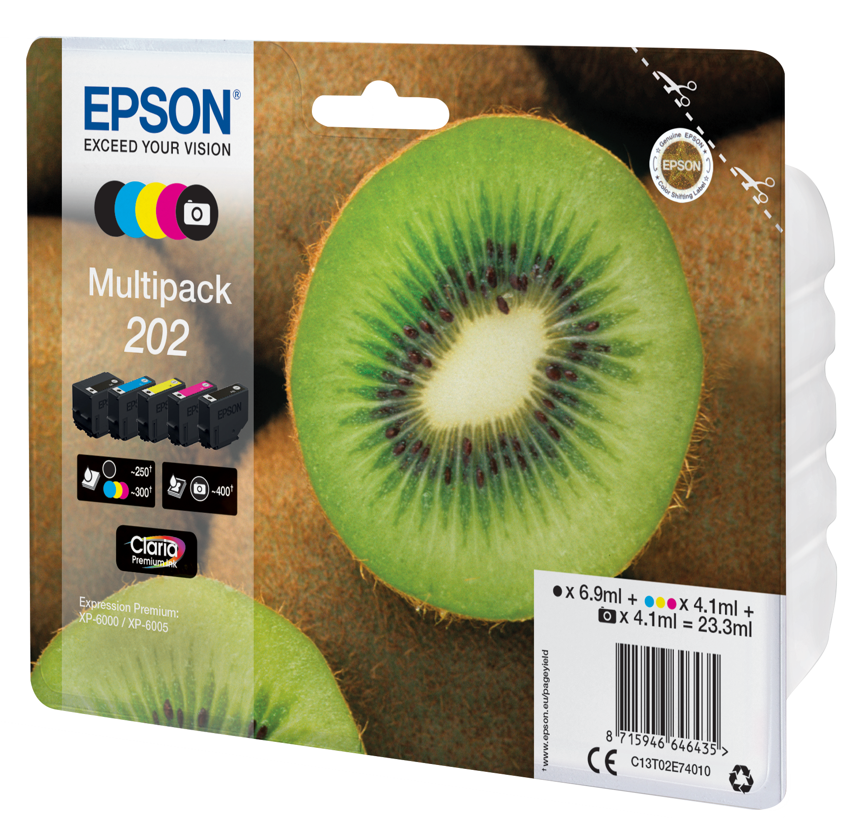 An Epson ink cartridge multipack with a kiwi fruit. Contains black, cyan, magenta, and yellow inks.