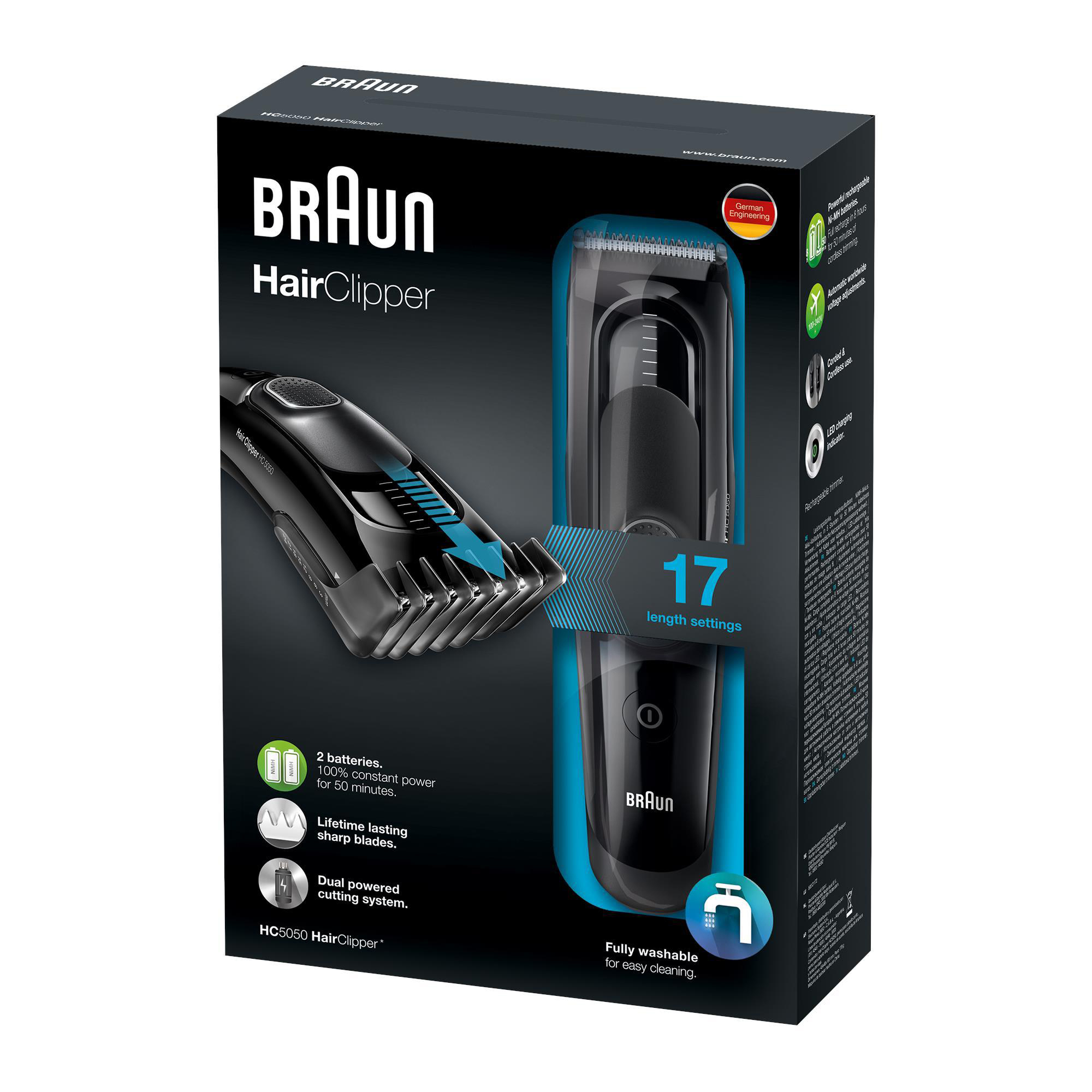 Schwarzer Braun Haarschneider in einer Box, der den Haarschneider und seine Funktionen zeigt.