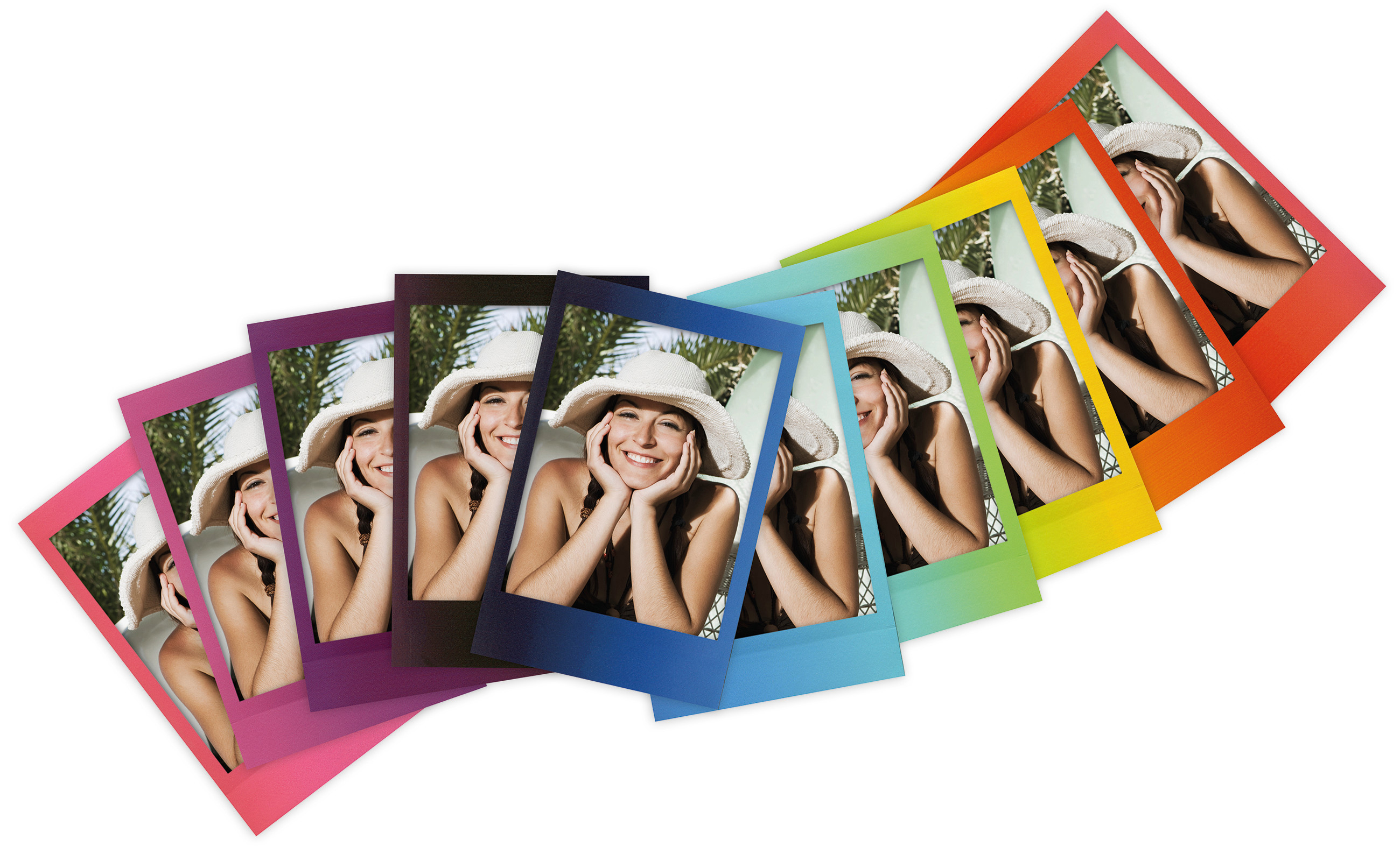 Eine Reihe von Fotos in Regenbogenrahmen, die eine Frau mit weißem Hut und Lächeln zeigen.