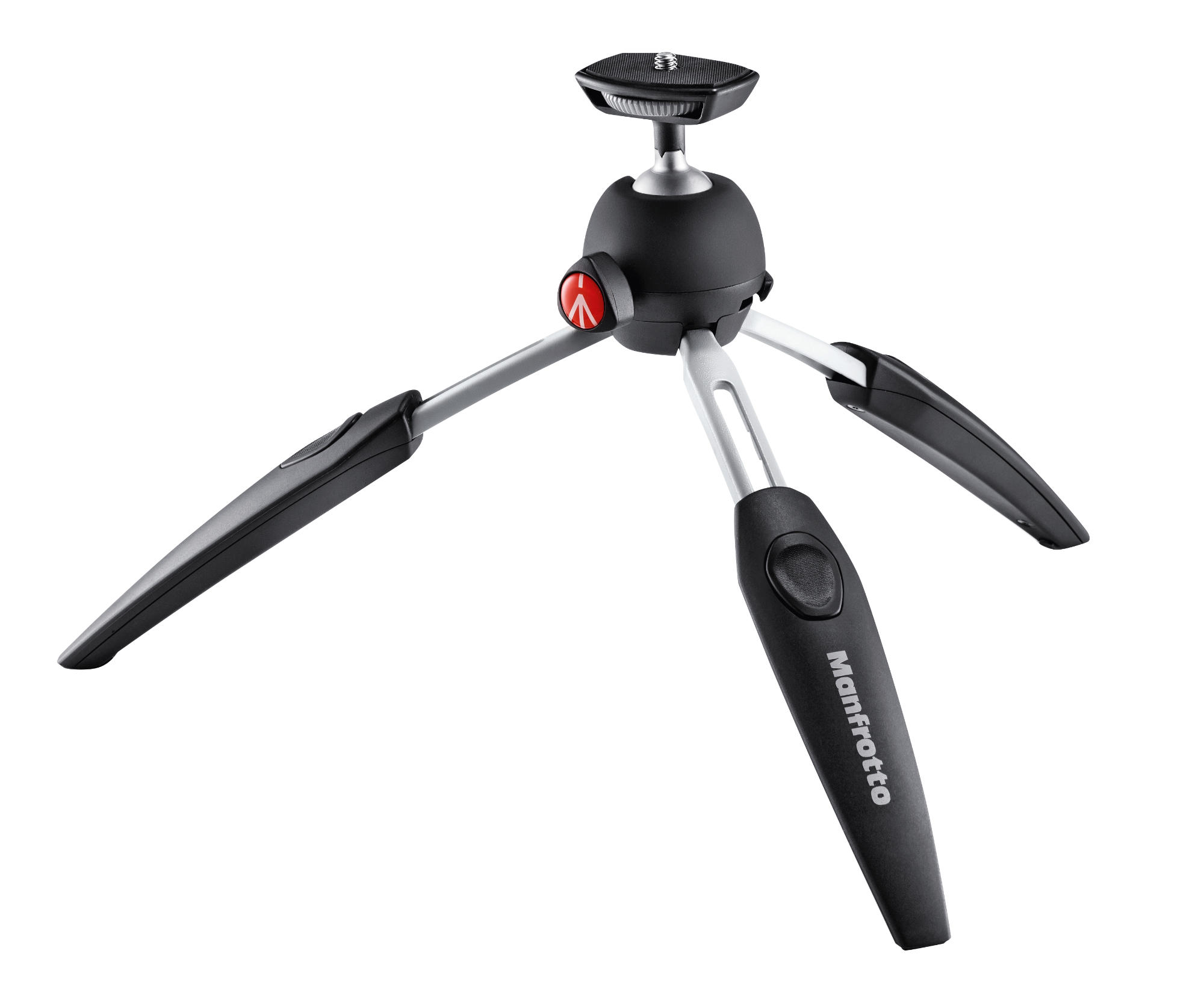 Schwarzes und silbernes Stativ mit schwarzem Kopf und drei Beinen. Manfrotto sichtbar.