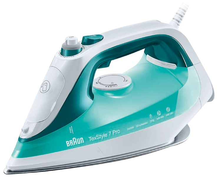 Plancha De Braun texstyle 7 pro 7042 2400w capacidad 300 ml turbo steam verde si7042gr para la ropa con suela bidireccional eloxal 3d golpe 220grmin sistema antical y antigoteo 2400 210