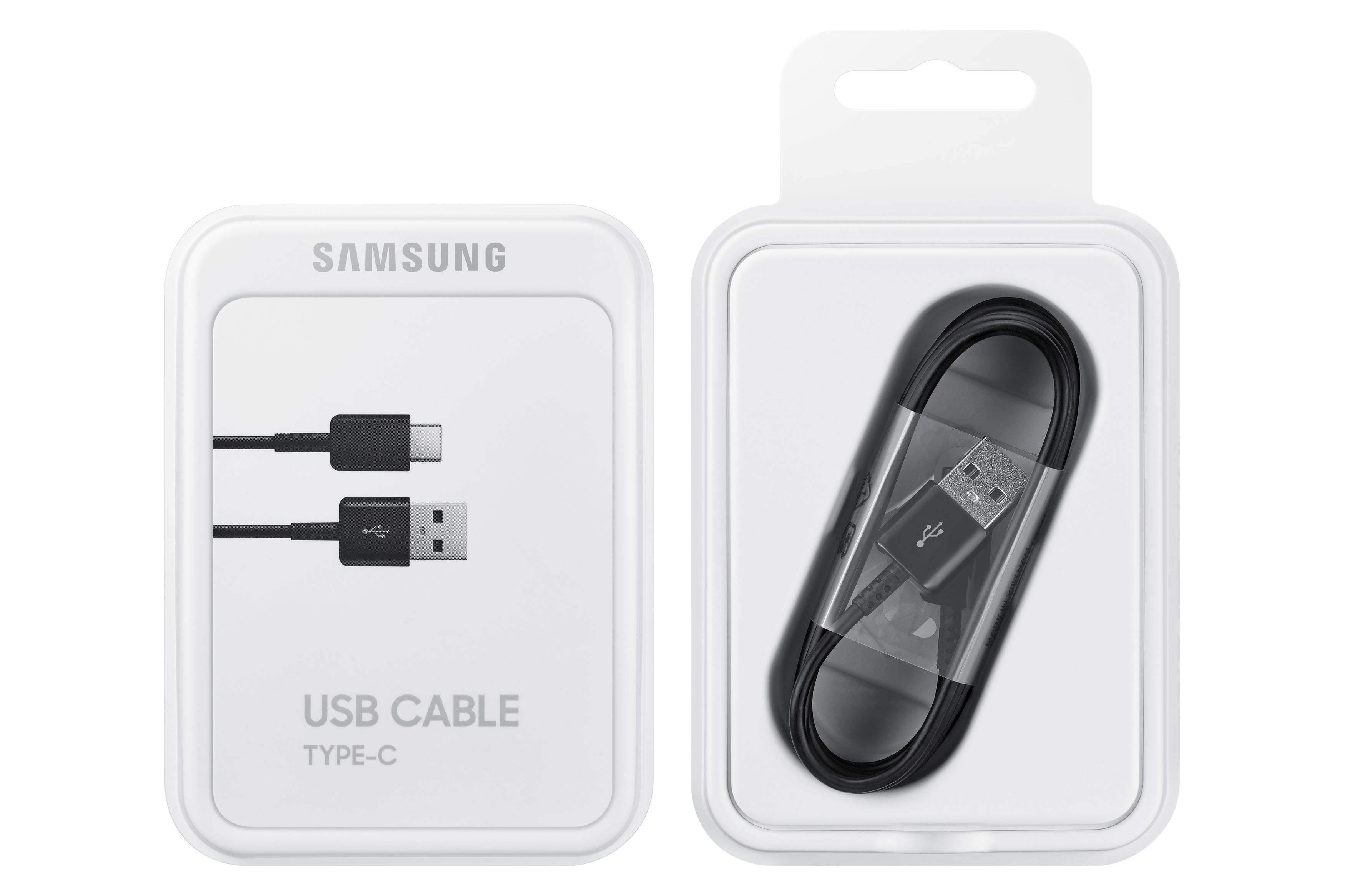 Ein USB-Kabel in einer weißen Box. Die Box ist in zwei Hälften geteilt, die das Kabel zeigen.