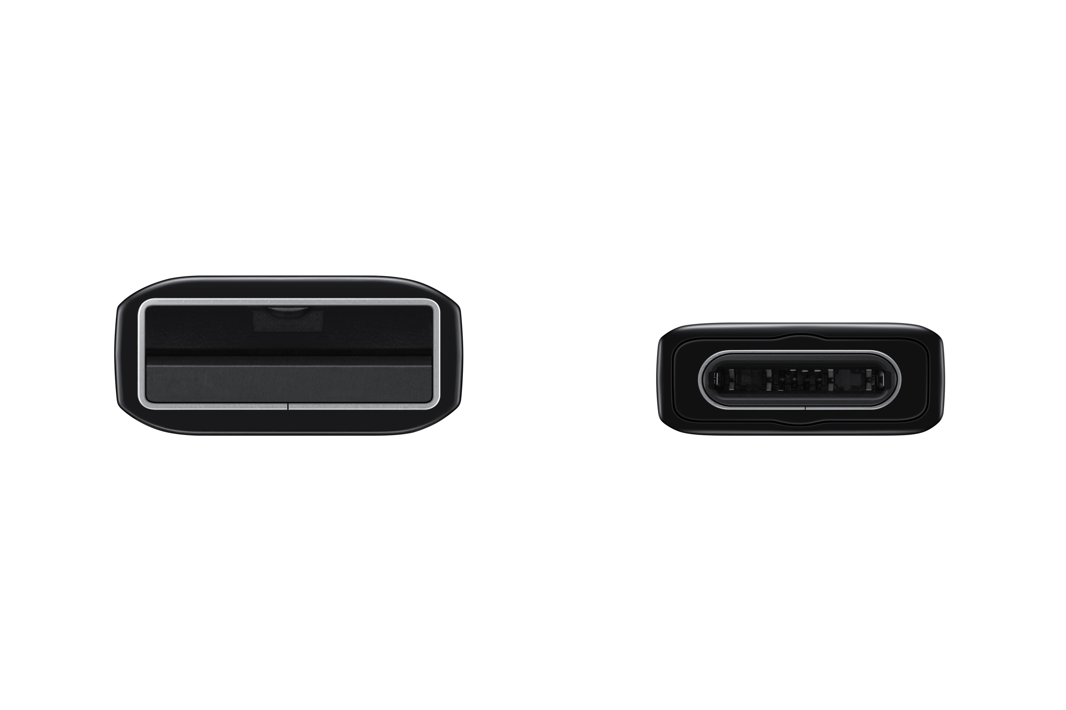 Zwei schwarze USB-C-Anschlüsse vor weißem Hintergrund. Einer ist eine Seitenansicht.